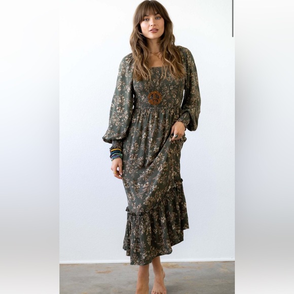 Three Bird Nest Happy Feelings Floral Long Sleeve Maxi Dress - Olive, Small - Picture 1 of 6